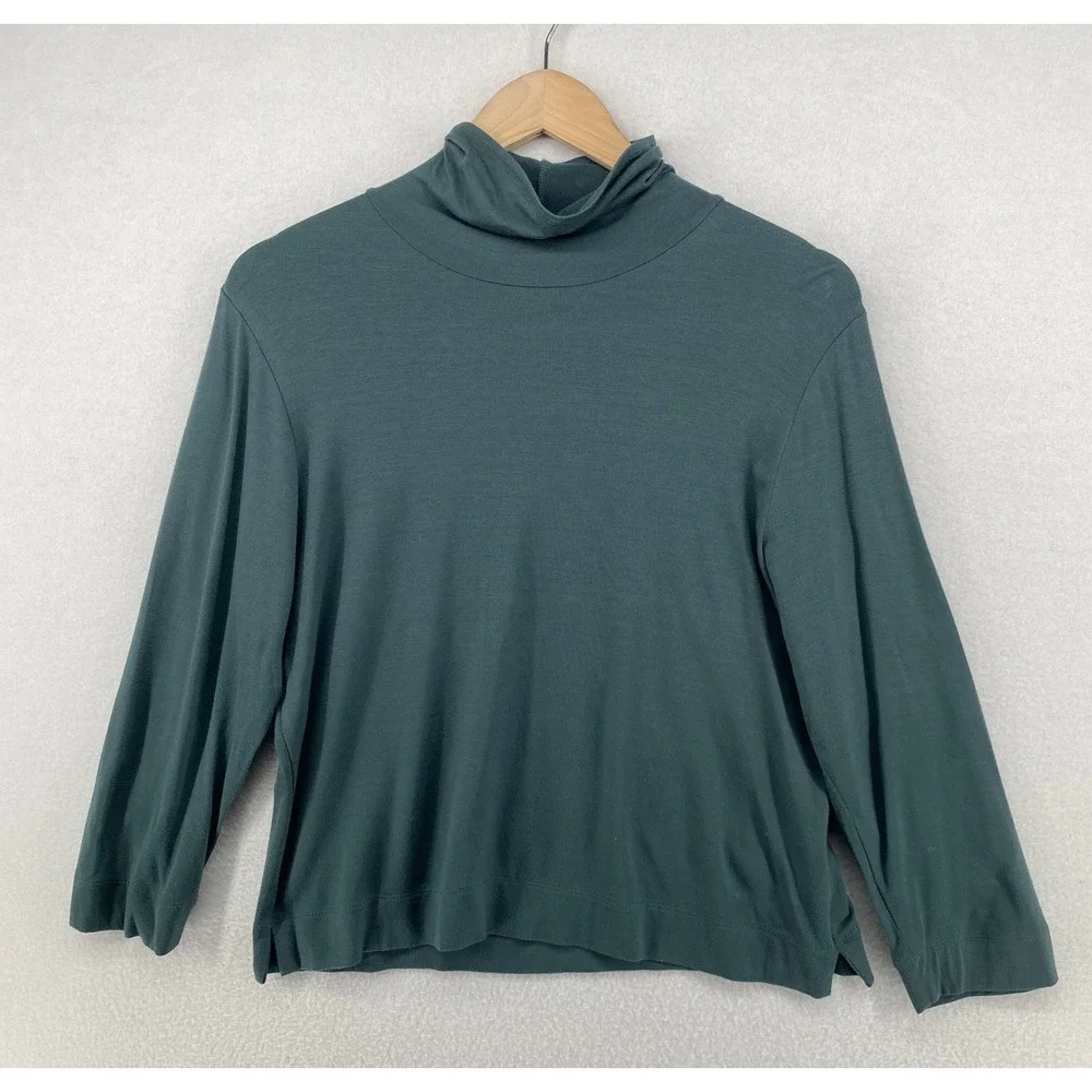 SIGRID OLSEN Top L Petite Sport Stretch Rayon Jersey Turtleneck Long Green
